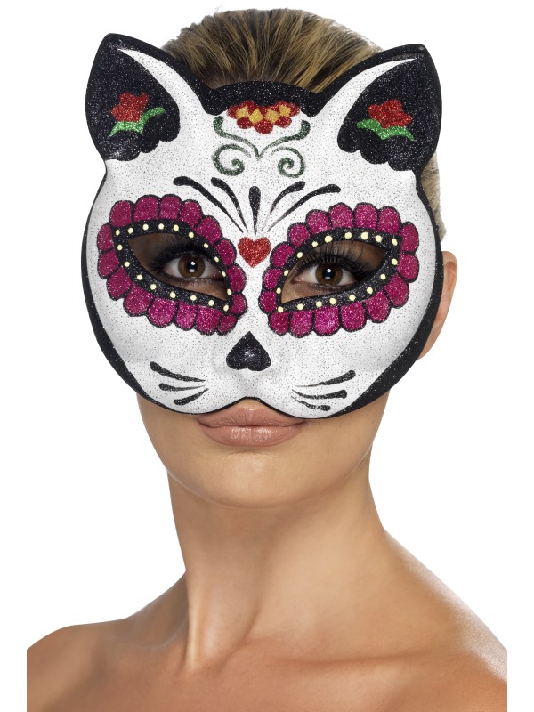 Sugar Skull Cat Glitter Eyemask -  White - 45219