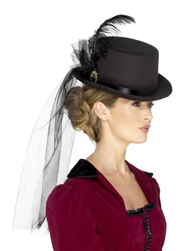 Deluxe Ladies Victorian Top Hat -  with Elastic -  Bla - 48413