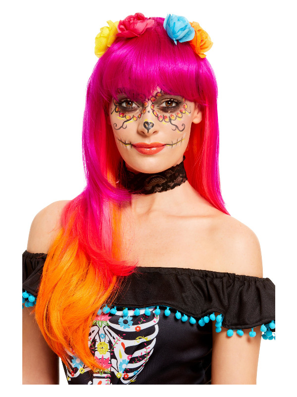 Deluxe Day of the Dead Wig -  Pink & Orange - 61119