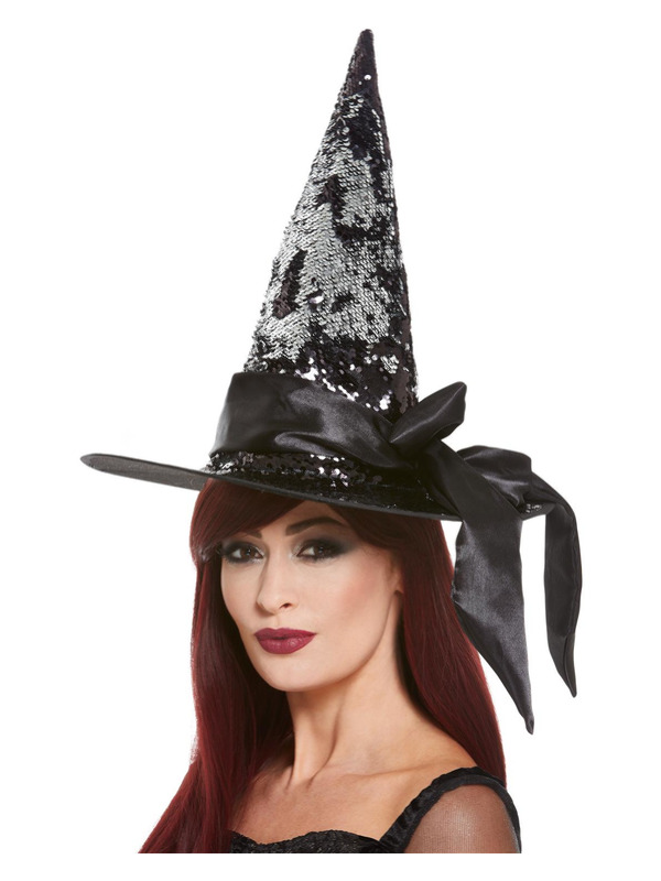 Deluxe Reversible Sequin Witch Hat -  Black & Silver - 61125