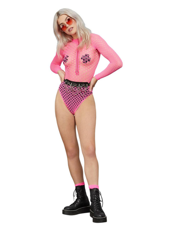 Fever Long Sleeve Zipped Bodysuit -  Neon Pink - 61992