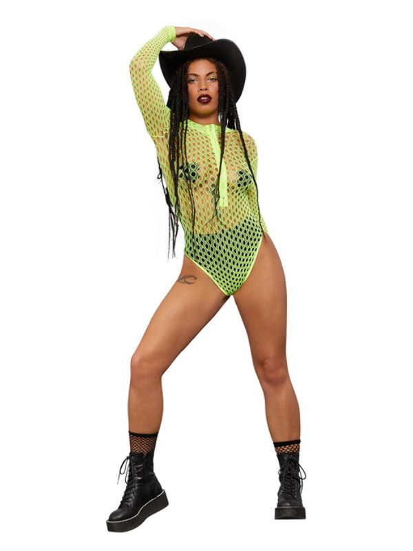 Fever Long Sleeve Zipped Bodystocking -  Neon Yellow - 61993